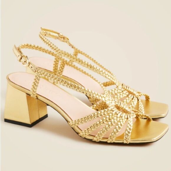 J Crew Shoes 9 Layne Braided Sandal Heels Metallic Leather Gold - Picture 11 of 11